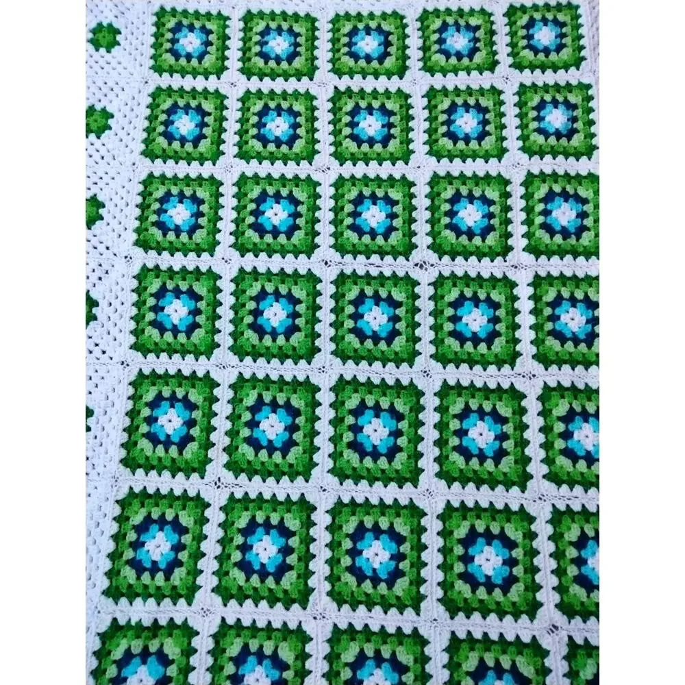 Handmade Crochet Granny Square Afghan Lap/sofa Blanket 60x45” Green Blue